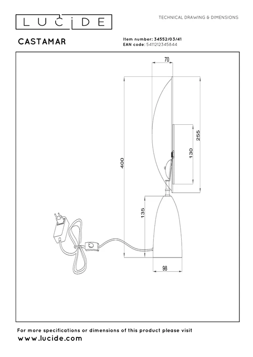 Lucide CASTAMAR - Lampe de table - Ø 25,5 cm - LED - 1x8W 2100K - Taupe - technique
